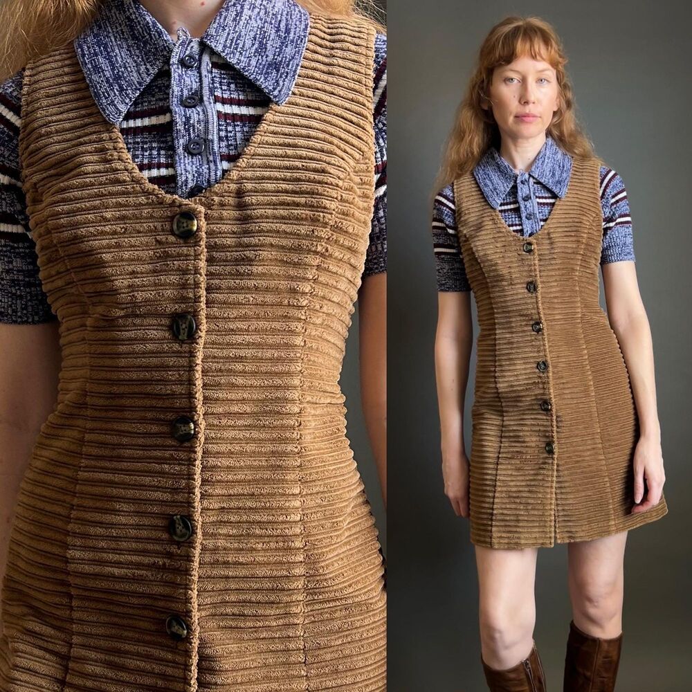 Vintage 1990s Wide Corduroy Sleeveless Jumper Mini Dress, Small
